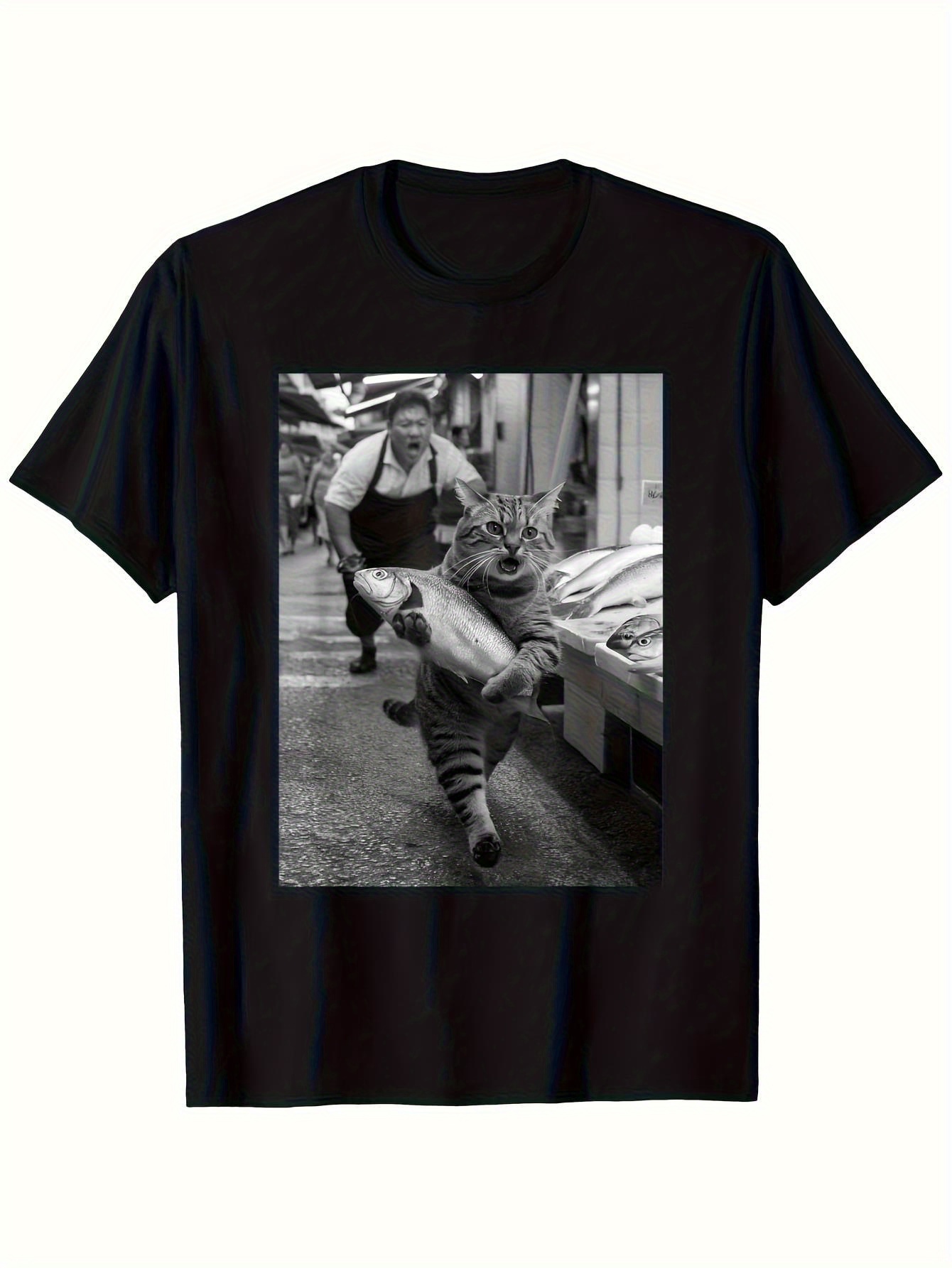 Vintage Fashion Market - Lustiges Katzen-Hasard-der-Fische-Grafik-T-Shirt – Vintage Monochromes Angel-Aufsehenerzeugendes-Grafik-Shirt