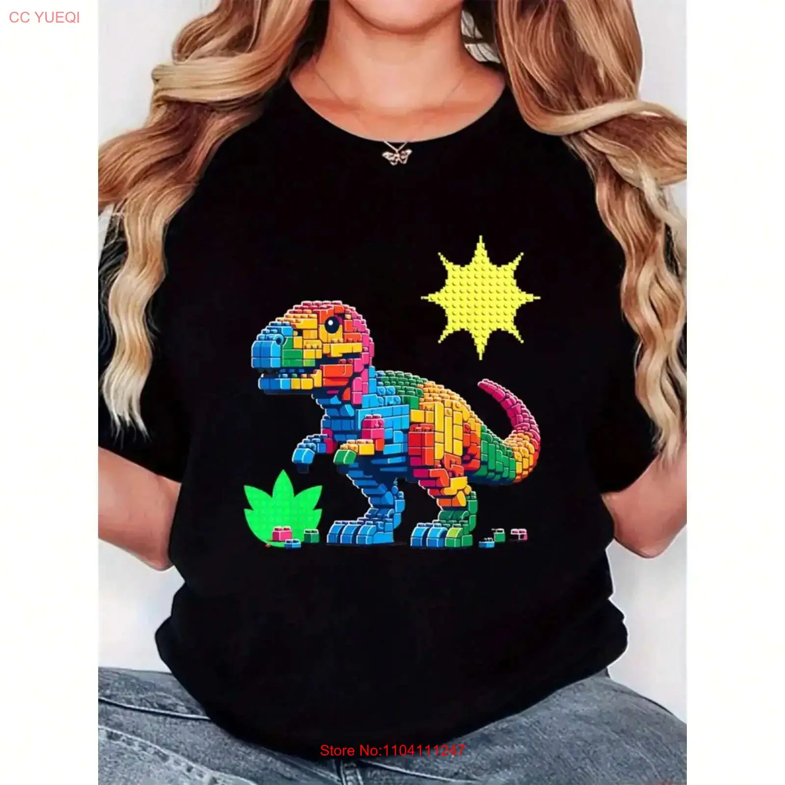 Vintage Fashion Build - Damen-T-Shirt mit buntem Baustein-Dinosaurier-Print, modisch, lässig,