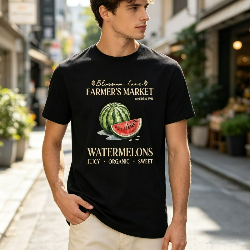 Vintage Fashion Market - Wassermelonen-Farmernmarkt-T-Shirt für Herren, Vintage-Obstmarkt-Print, lässige Streetwear,