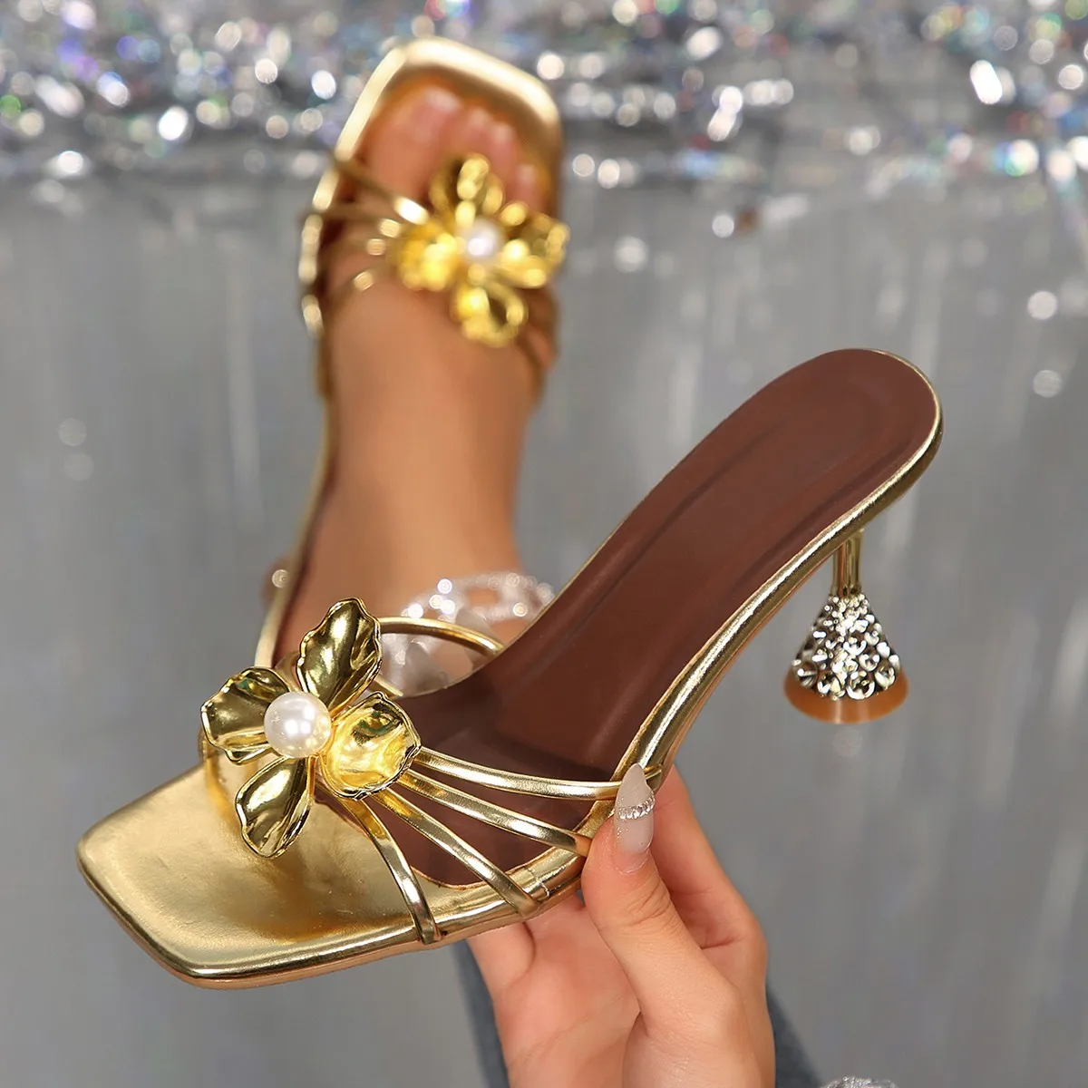 Vintage Fashion Plus Size - Vintage Metall-Blumen-Kristall-Sandalen mit Keilabsatz, Sommer-Perlen-Sandalen mit