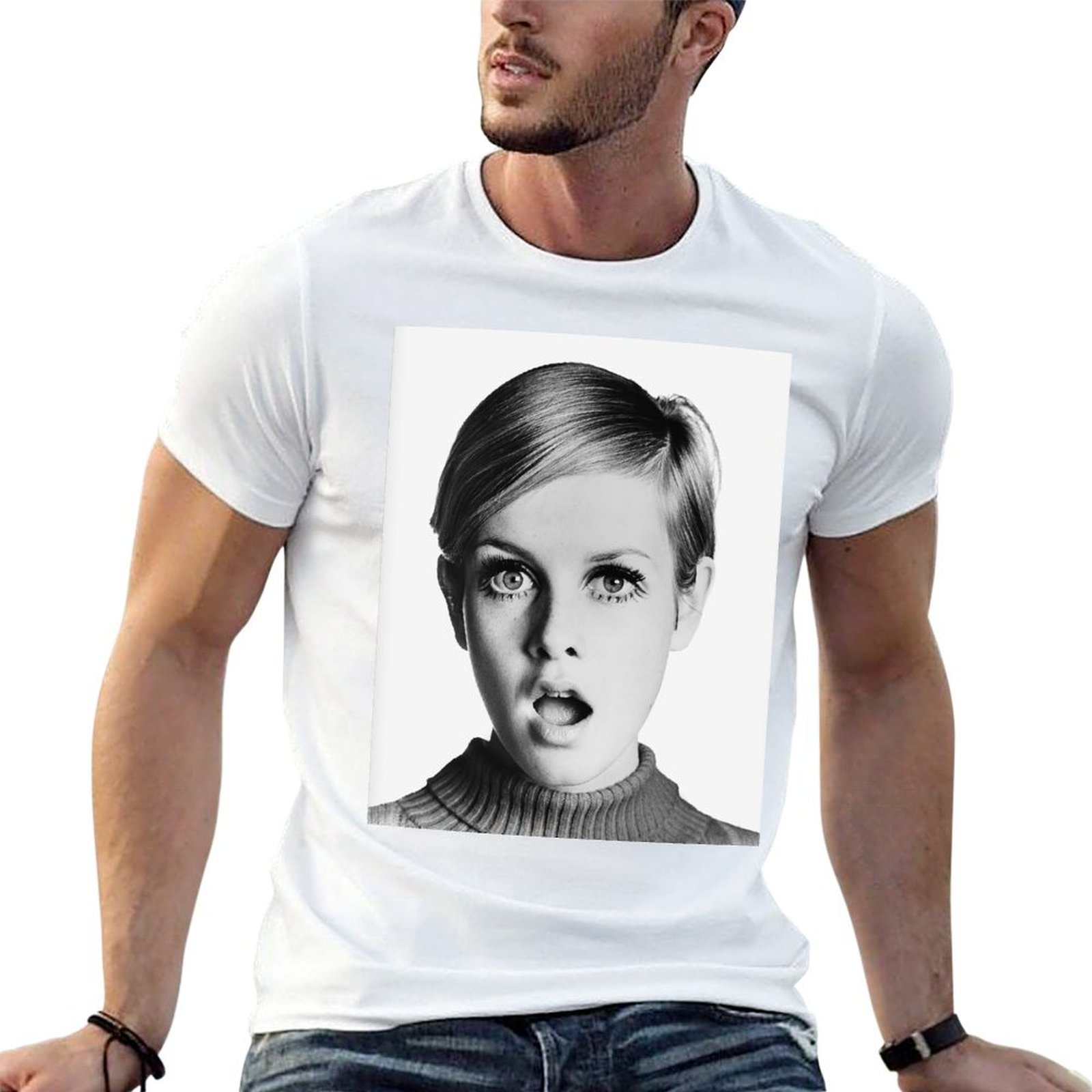 Vintage Fashion Icons - Twiggy, Retro-Mode-Ikone, Vintage Schwarz-Weiß-Kunst-T-Shirt, Trendiges Kunstdruck-T-Shirt