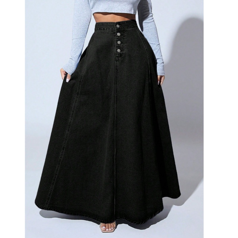 Vintage Fashion Plus Size - Übergröße Damen Schwarzer Denim-Maxirock mit Hoher