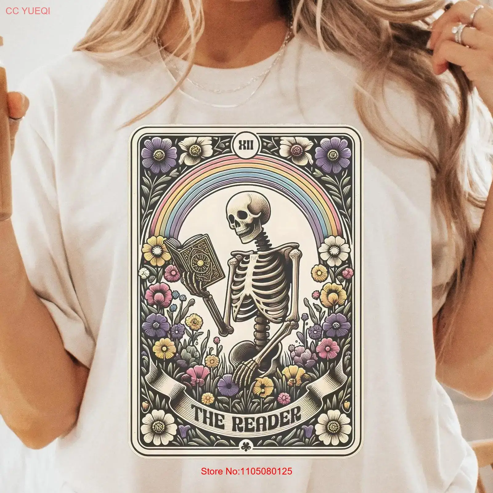 Vintage Fashion Books - The Reader TaroT T-Shirt, Skelett-Lesebuch, Liebhaber
