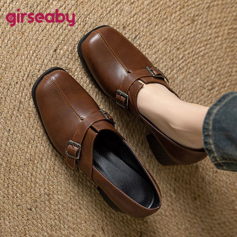 Vintage Fashion Plus Size - Girseaby Vintage-Damen-Pumps, quadratische Zehenpartie, Blockabsätze, Slip-On-Gürtelschnalle,