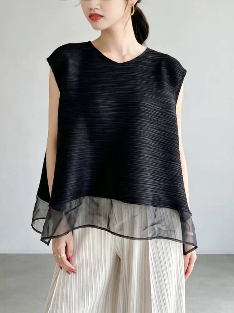 Modisches Mesh-Patchwork-Pliss – Vintage Fashion Build Bewertung und Preis
