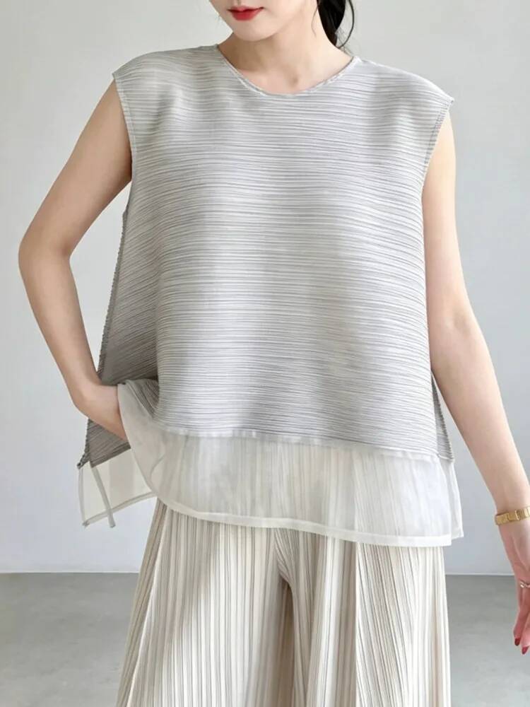 Modisches Mesh-Patchwork-Pliss – Vintage Fashion Build Bewertung und Preis